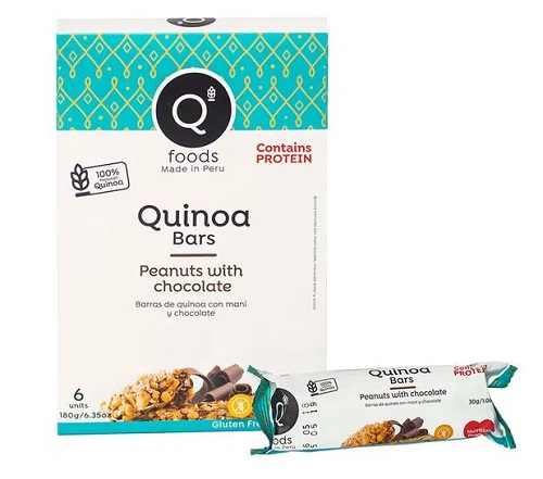 Caja X 6 Qfoods Barras de Quinua Mani y Chocolate de 30 Gr